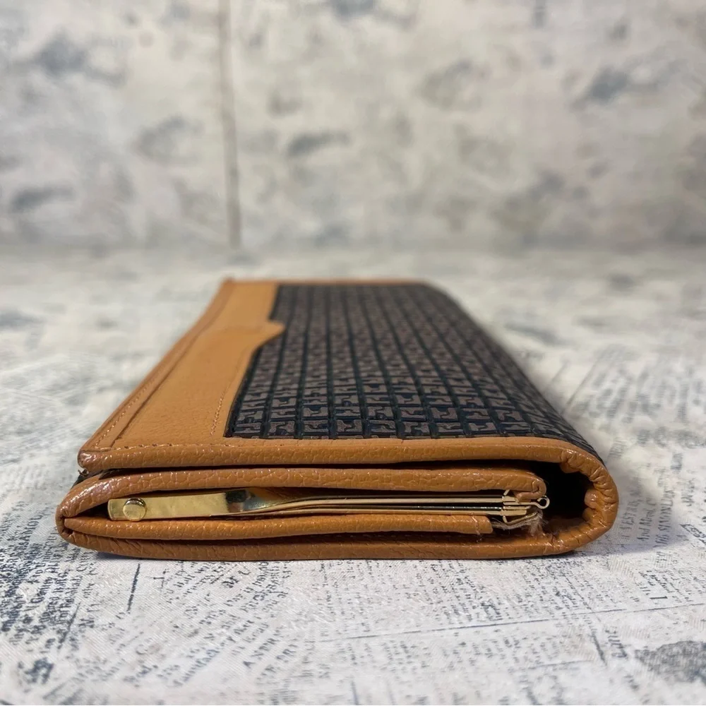 Vintage Ted Lapidus Paris Monogram Leather Wallet Tan Brown Bifold France